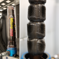 A Micromag magnetic filter on a machine and a close up of the ferrous contamination it has captured